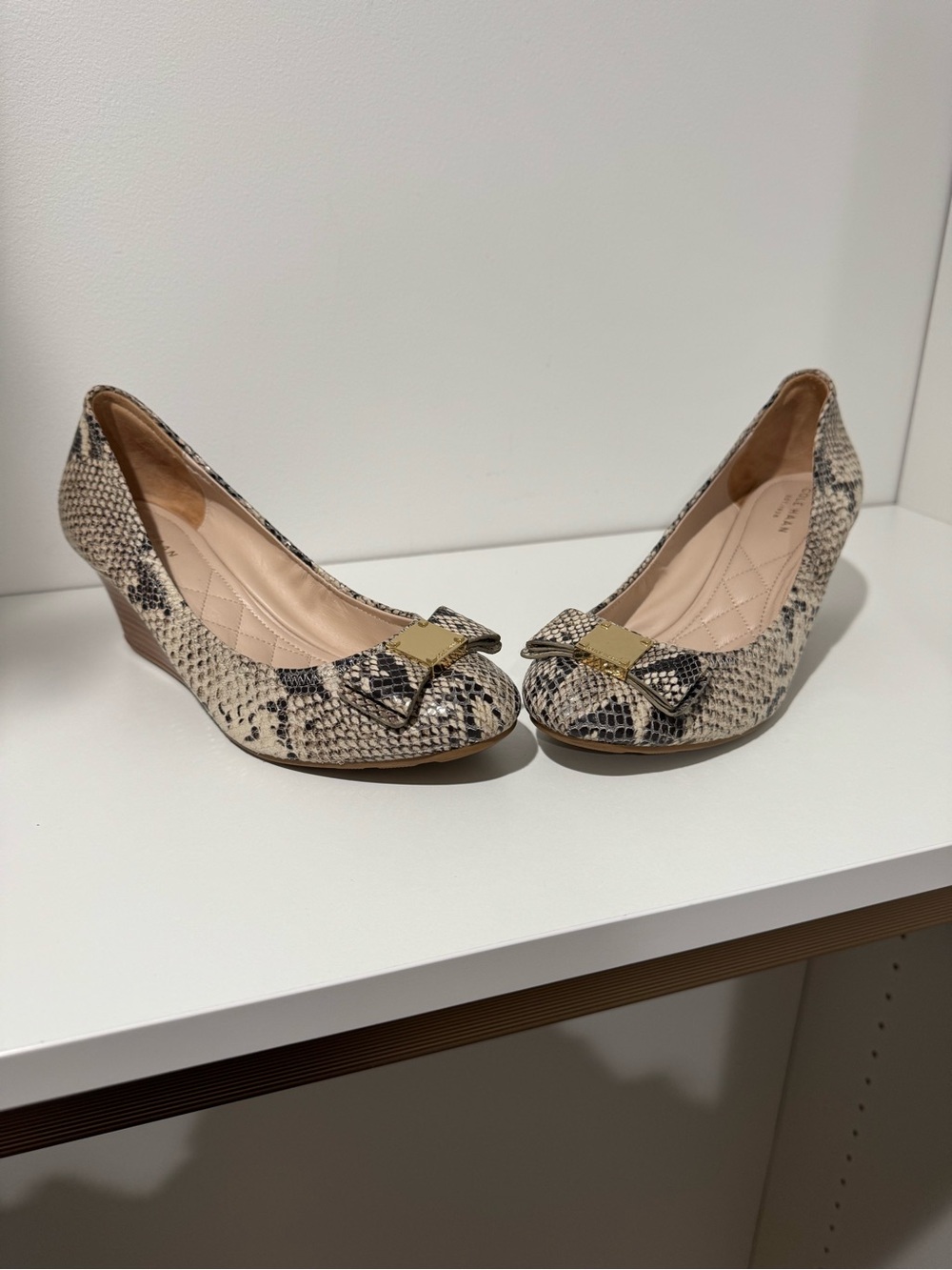 Cole Haan Snake-Print Bow Wedge Pumps - Beige/Tan